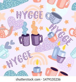Vector seamless children seamless hand drawn pattern with cups, tea pots, clouds, candles, stars and rainbows. Creative texture for fabric, wrapping, textile, wallpaper, apparel on the pink background