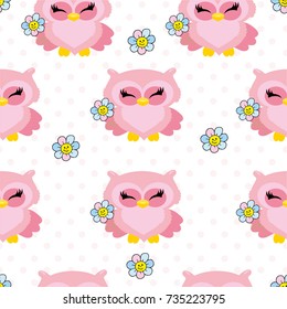 vector seamless Children pattern with Owlets and flowers on a polka dots background