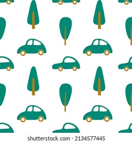 Vector seamless children pattern with passenger car, trees in green, brown colors on a white background. Cute cartoon illustration for print, fabric, textile, background, wallpaper.