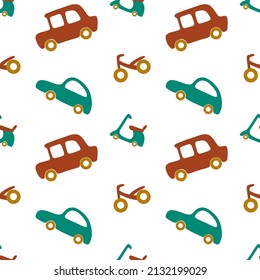 Vector seamless children pattern with vehicles in green and red colors on a white background. Cute cartoon illustration for print, fabric, textile, background, wallpaper.