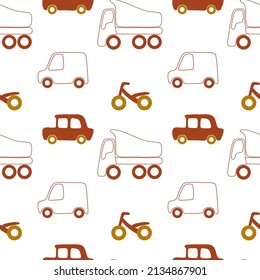 Vector seamless children pattern with vehicles in red, brown colors on a white background. Cute cartoon illustration for print, fabric, textile, background, wallpaper. Passenger car, bicycle, truck.