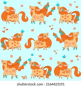 Vector seamless children's cartoon pattern of characters of cute kind red pony horses in different poses with pigtails, bows, ballet shoes, apples, hearts and butterflies on a turquoise background.