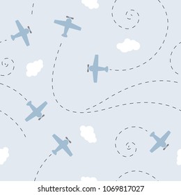 vector seamless children`s colorful pattern planes and clouds