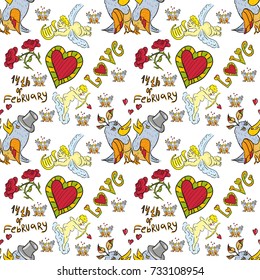 vector seamless children's drawing on the theme of St. Valentine's Day