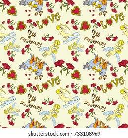 vector seamless children's drawing on the theme of St. Valentine's Day