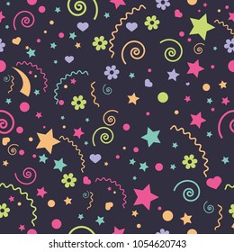 vector seamless children's funny colorful different elements of a star, flowers, hearts