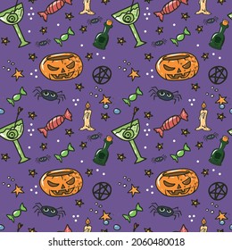 Vector seamless children's illustration for Halloween.Candle, hat, skull, bottle,pumpkin for fabrics and backgrounds ,holiday.