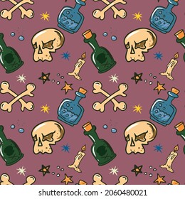 Vector seamless children's illustration for Halloween.Candle, hat, bottle,pumpkin for fabrics and backgrounds ,holiday.