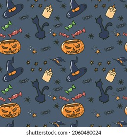 Vector seamless children's illustration for Halloween.Candle, hat, skull, pumpkin for fabrics and backgrounds ,holiday.