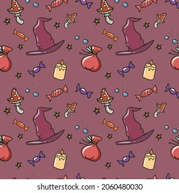 Vector seamless children's illustration for Halloween.Candle, hat, skull, bottle for fabrics and backgrounds ,holiday.