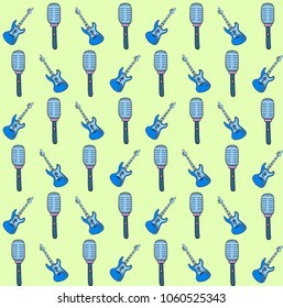 Vector seamless children`s music pattern microphone and guitar