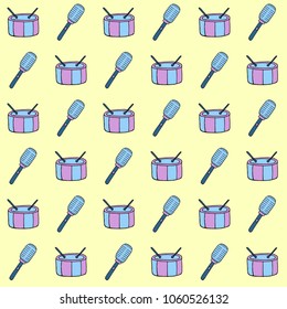 Vector seamless children`s music pattern microphone and drum