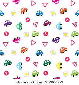 vector seamless children`s pattern background, toy cars and road signs