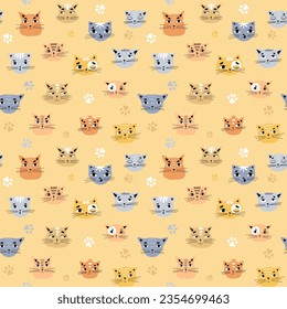 Vector seamless children's pattern with cat faces on a beige background. Suitable for baby prints, baby room decor, wallpapers, wrapping paper, stationery, scrapbooking, etc.