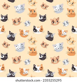  Vector seamless children's pattern with cat faces on a pink background. Suitable for baby prints, baby room decor, wallpapers, wrapping paper, stationery, scrapbooking, etc.