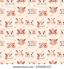  Vector seamless children's pattern with cat faces on a pink background. Suitable for baby prints, baby room decor, wallpapers, wrapping paper, stationery, scrapbooking, etc.