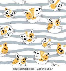  Vector seamless children's pattern with cat faces on a blue striped background. Suitable for baby prints, baby room decor, wallpapers, wrapping paper, stationery, scrapbooking, etc.