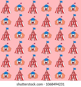 Vector seamless children's pattern circus tent and cheerful clown, in children's amusement park