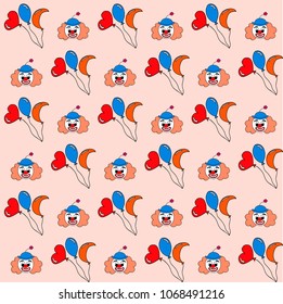 Vector seamless children`s pattern colored bright air balloons and cheerful clown, in a children's park of attractions