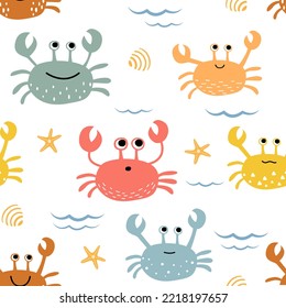 
Vector seamless children's pattern with colorful crabs, shells and starfish on a white background. Suitable for baby prints, nursery decor, wallpaper, wrapping paper, stationery, scrapbooking, etc.