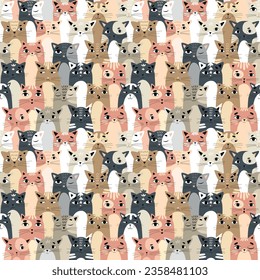 Patrón de niños vectores sin fisuras con gatos coloridos y lindos. Adecuado para estampas para bebés, decoración de habitación para bebés, papel pintado, papel de embalaje, papelería, reserva de recortes, etc.