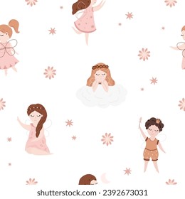 Vector seamless children's pattern with fairy, flowers, stars and other elements. Fairy with a magic wand vector illustration. Seamless pattern with cartoon fairy for baby.

