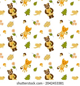 VECTOR SEAMLESS CHILDREN'S PATTERN WITH THE IMAGE OF FOREST ELEMENTS :BEAR, FOX CUB, MUSHROOMS, LEAVES AND FLOWERS.