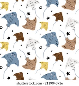 Vector seamless children's pattern with marine life. Pattern with colorful stingrays in scandinavian style on a white background. Perfect for textiles, children's clothing, wallpaper, wrapping paper.