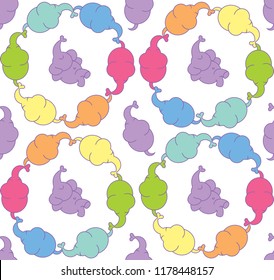 Vector seamless children`s pattern with multi-colored elephants on a white background.