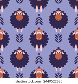 Vector seamless children's pattern. Stylized sheep in hats on a purple background.