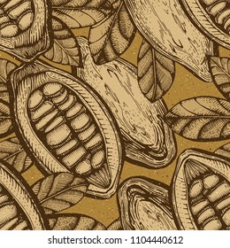 Vector seamless chocolate brown pattern of a cocoa beans fruits. Vintage hand drawn grunge engraving style.