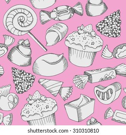 Vector seamless chocolate candy pattern, retro graphic sweets background