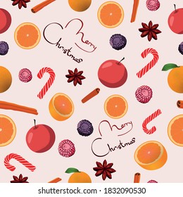 vector seamless Christmas background. backdrop with lettering and Christmas elements. orange and red background.