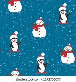 Vector seamless Christmas background with cute snowmen and penguins