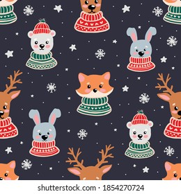 Vector seamless Christmas background with cute animals. For greeting cards, children's textiles. Party ugly sweater. Vector scandinavian christmas sweater pattern. Polar animals in winter ugly sweater