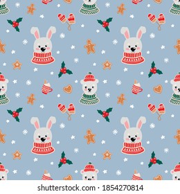 Vector seamless Christmas background with cute animals. For greeting cards, children's textiles. Party ugly sweater. Vector scandinavian christmas sweater pattern. Polar animals in winter ugly sweater