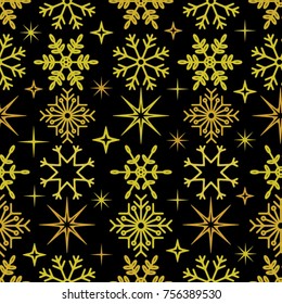 Vector seamless christmas background. Golden snowflakes on black background. Glittering background illustration with snowflakes.