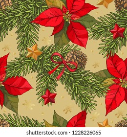 Vector seamless Christmas background with Hand drawn with spruce branches, cones, poinsettia flowers, red and gold stars, red bows and gold snowflakes. New year pattern with branches of fir-tree in