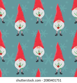 Vector seamless Christmas background with a little gnome in a big red hat