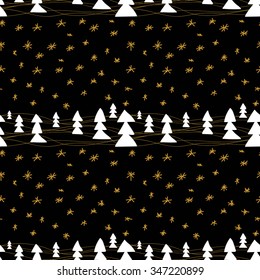 Vector seamless christmas background with trees and snow in black,yellow and white colors. Holiday backdrop