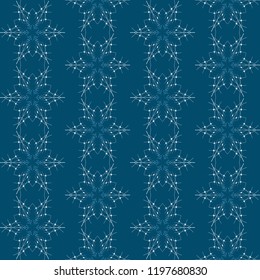 Vector seamless Christmas background with white-blue snowflakes on a blue background for decorating a festive background, gift wrapping design. Vertical stripes of snowflakes.