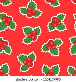 Vector seamless  with Christmas berries on a red background. Christmas elements. Perfect for wrapping paper or fabric.
