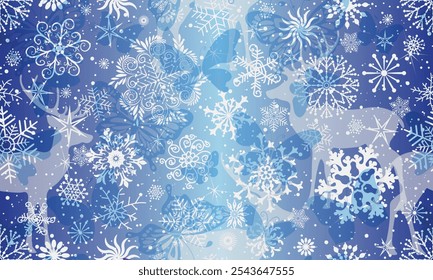 Vector seamless christmas blue gradient pattern with doodle snowflakes and butterflies and reindeers