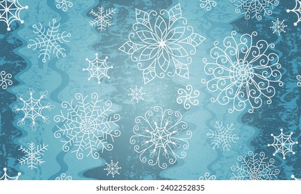 Vector seamless Christmas blue grunge striped wavy pattern with lace snowflakes