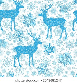 Patrón inconsútil del bicolor azul de la Navidad del Vector con los copos de nieve del garabato y el ciervo en fondo transparente
