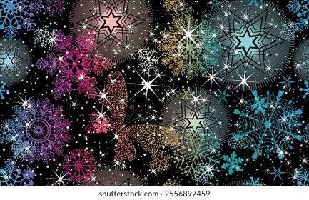 Vector seamless Christmas colorful gradient  pattern with snowflakes and stars on a black background