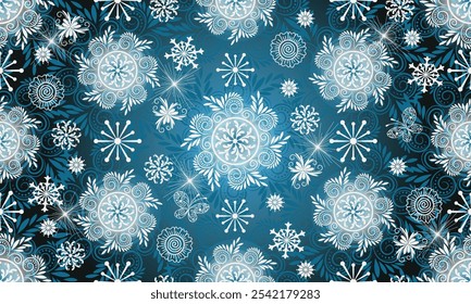 Vector seamless christmas dark gradient pattern with snowflakes and butterflies