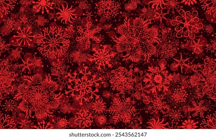 Patrón de Vector de Navidad sin fisuras de color rojo oscuro con copos de nieve doodle y estrellas. Bokeh