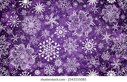 Vector seamless christmas dark violet gradient pattern with doodle snowflakes and stars. Bokeh