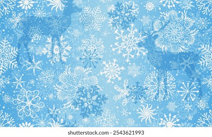 Vector seamless christmas delicate blue gradient pattern with doodle snowflakes and stars and reindeers
